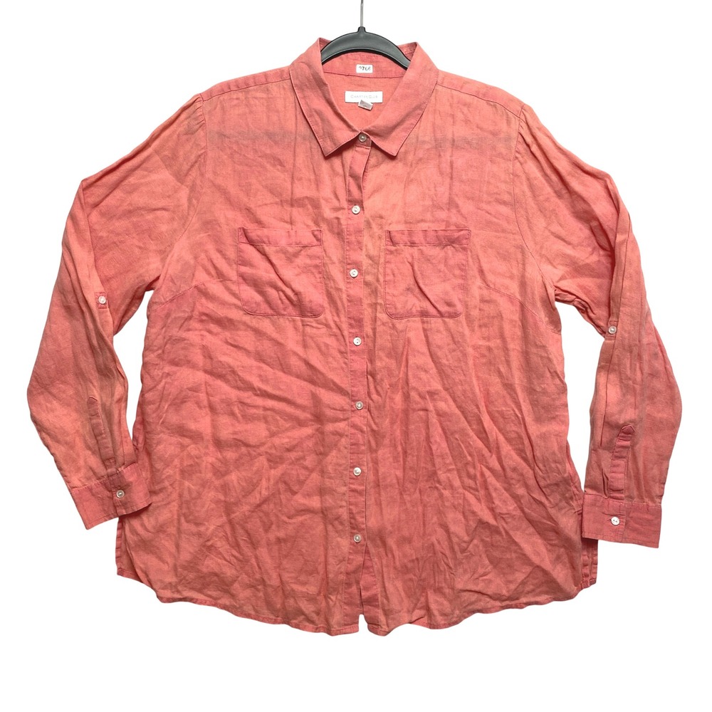 Charter Club Shirt Womens Large Roll Tab Sleeve Coral 100% Linen Button Down